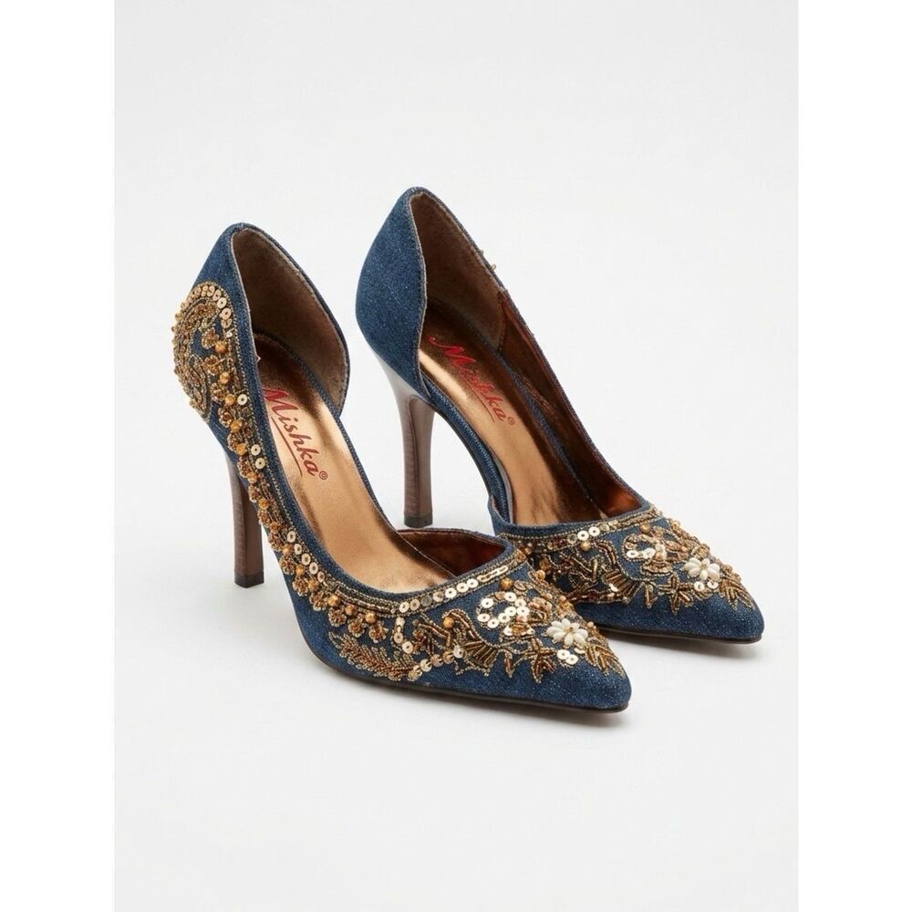 DENIM ANNE MICHELLE BEADED STACKED HEEL SIZE 6.5